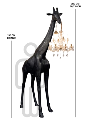 Fyberglass Sculptuur - Giraf met Kroonluchter - Zwart, Goud