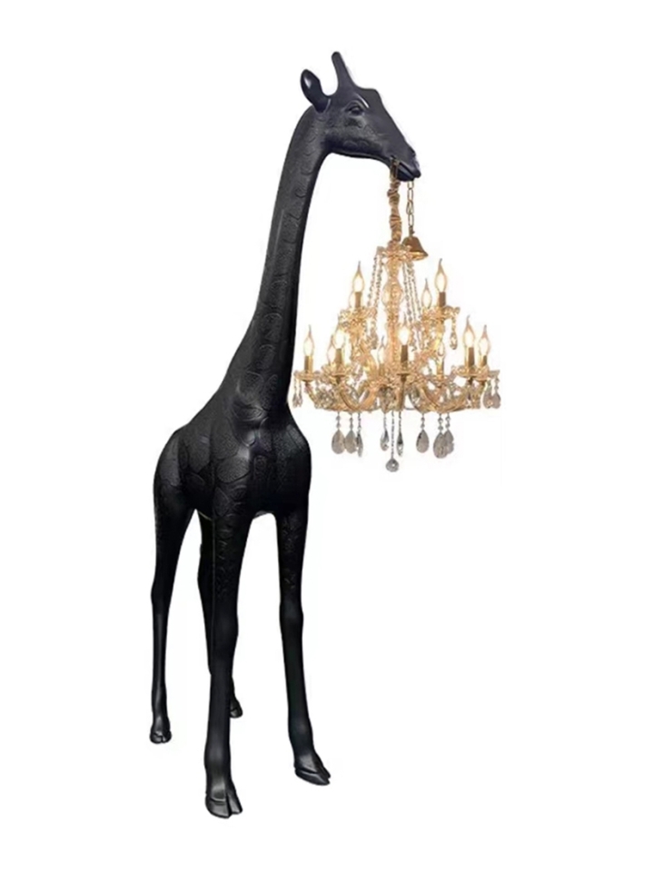 Fyberglass Sculptuur - Giraf met Kroonluchter - Zwart, Goud